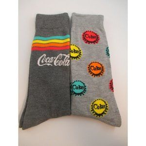 Coca-Cola 2-Pack of Crew Socks Grey Rainbow Caps and Stripes Shoe Size 6.5-12
